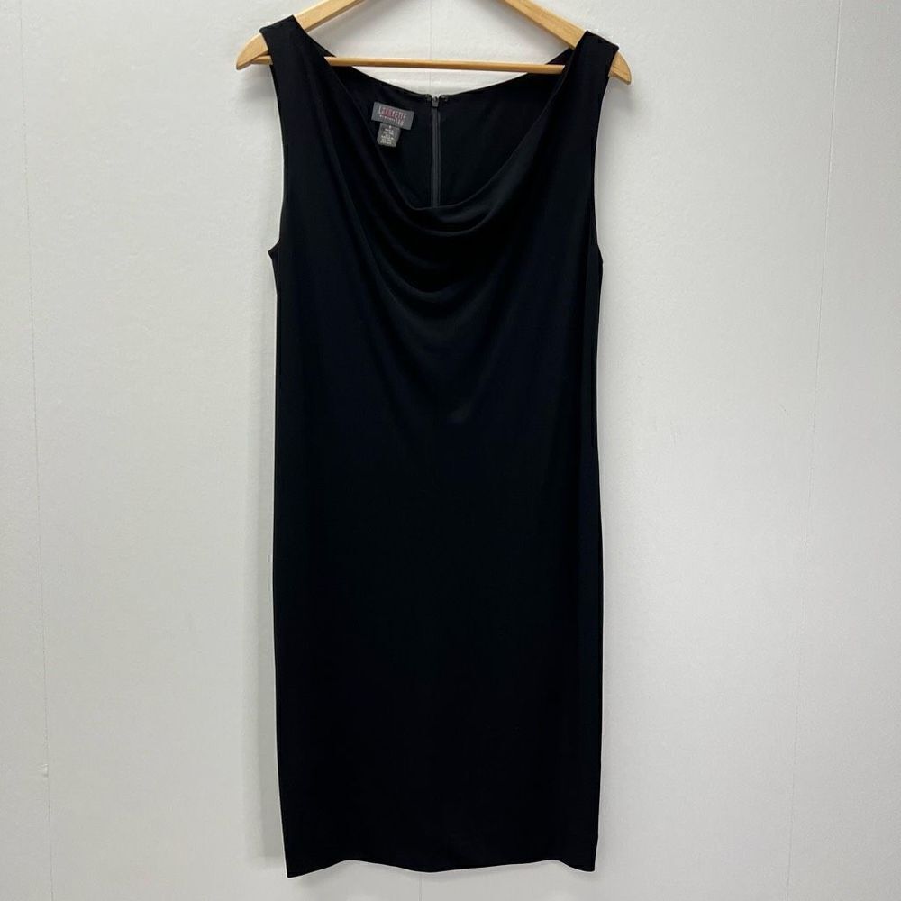 Lafayette 148 Sleeveless Draped Sheath Cowl Neck Dress Black Viscose Knit Size 8